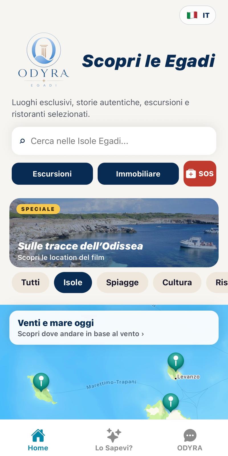 Screenshot reale dell'app ODYRA EGADI: schermata Home con ricerca, escursioni e venti e mare