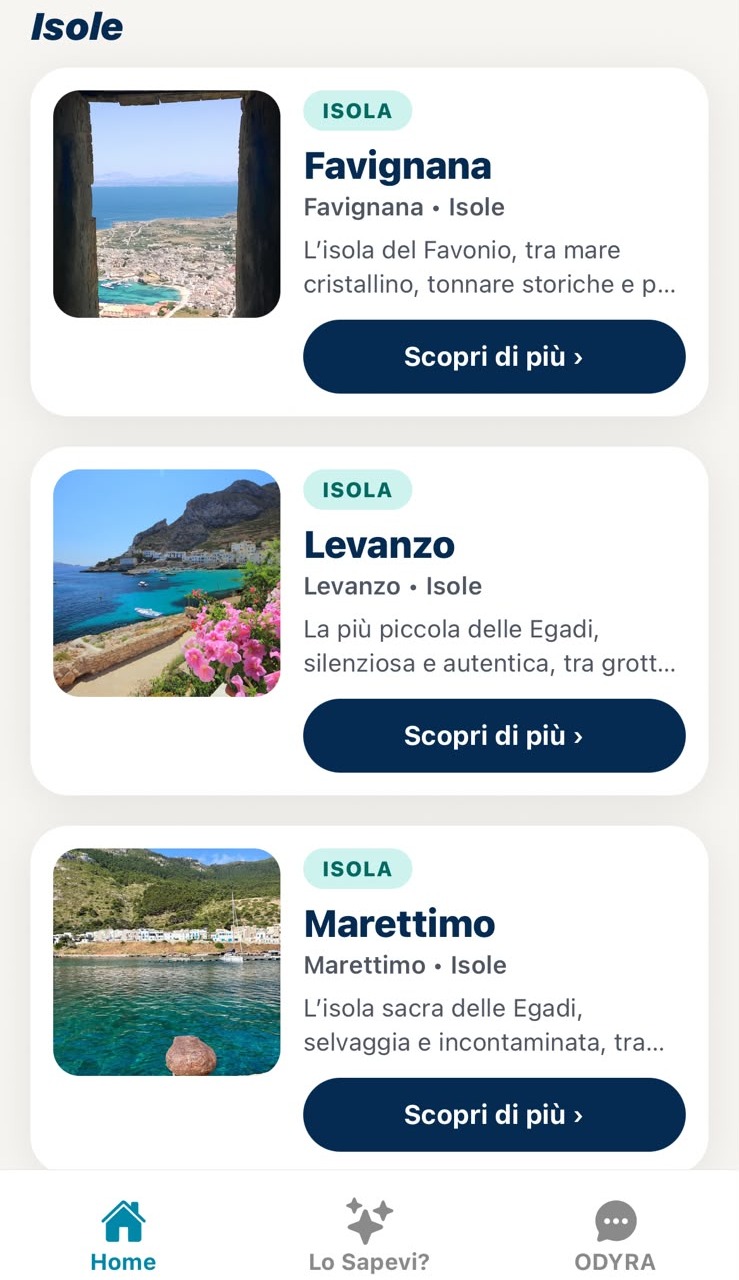 Screenshot reale dell'app ODYRA EGADI: schede di Favignana, Levanzo e Marettimo