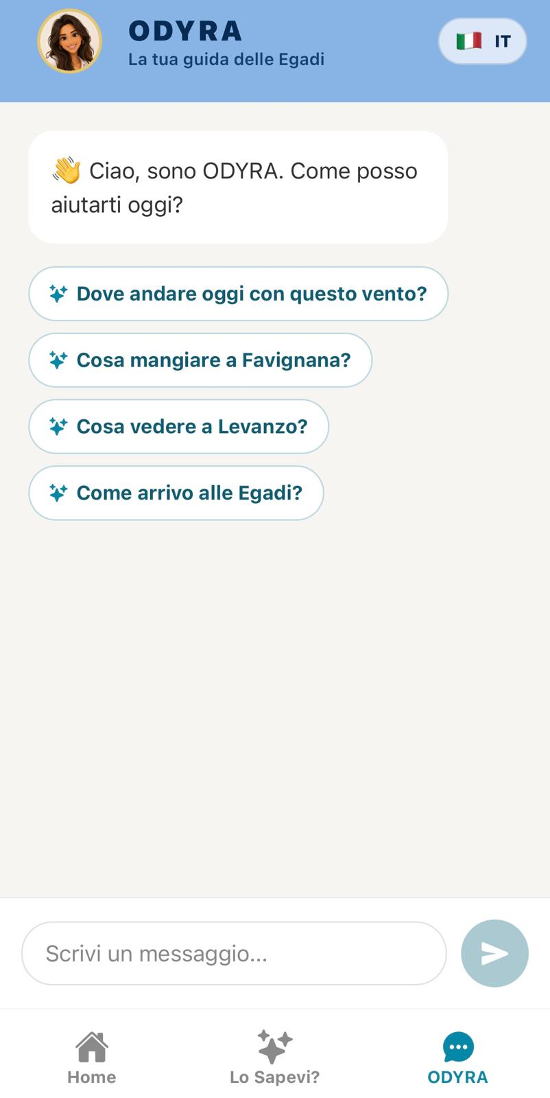 Screenshot reale dell'app ODYRA EGADI: chat con l'assistente Odyra