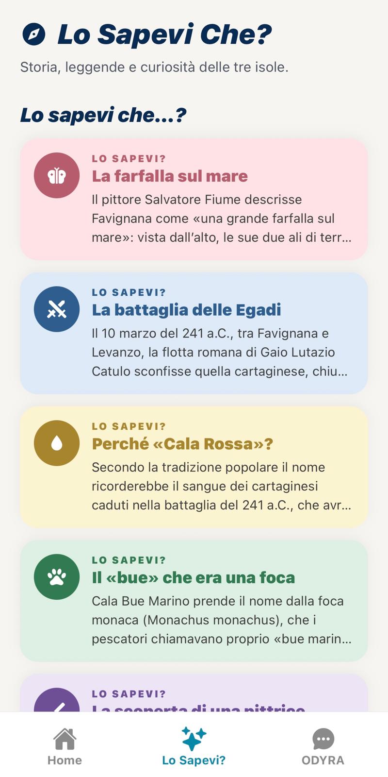 Screenshot reale dell'app ODYRA EGADI: storia, leggende e curiosità delle tre isole